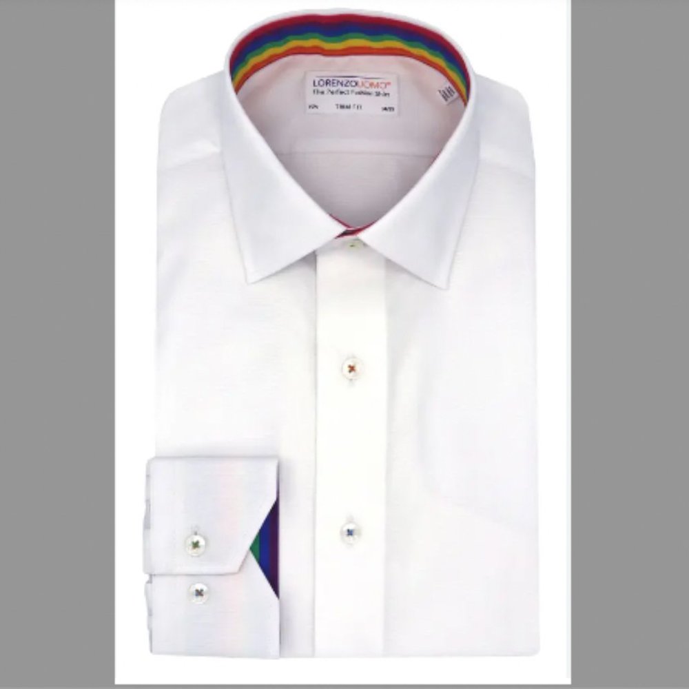 Lorenzo Uomo Perfect White Shirt Button Down Rainbow Stripe Men's 14.5 32/33